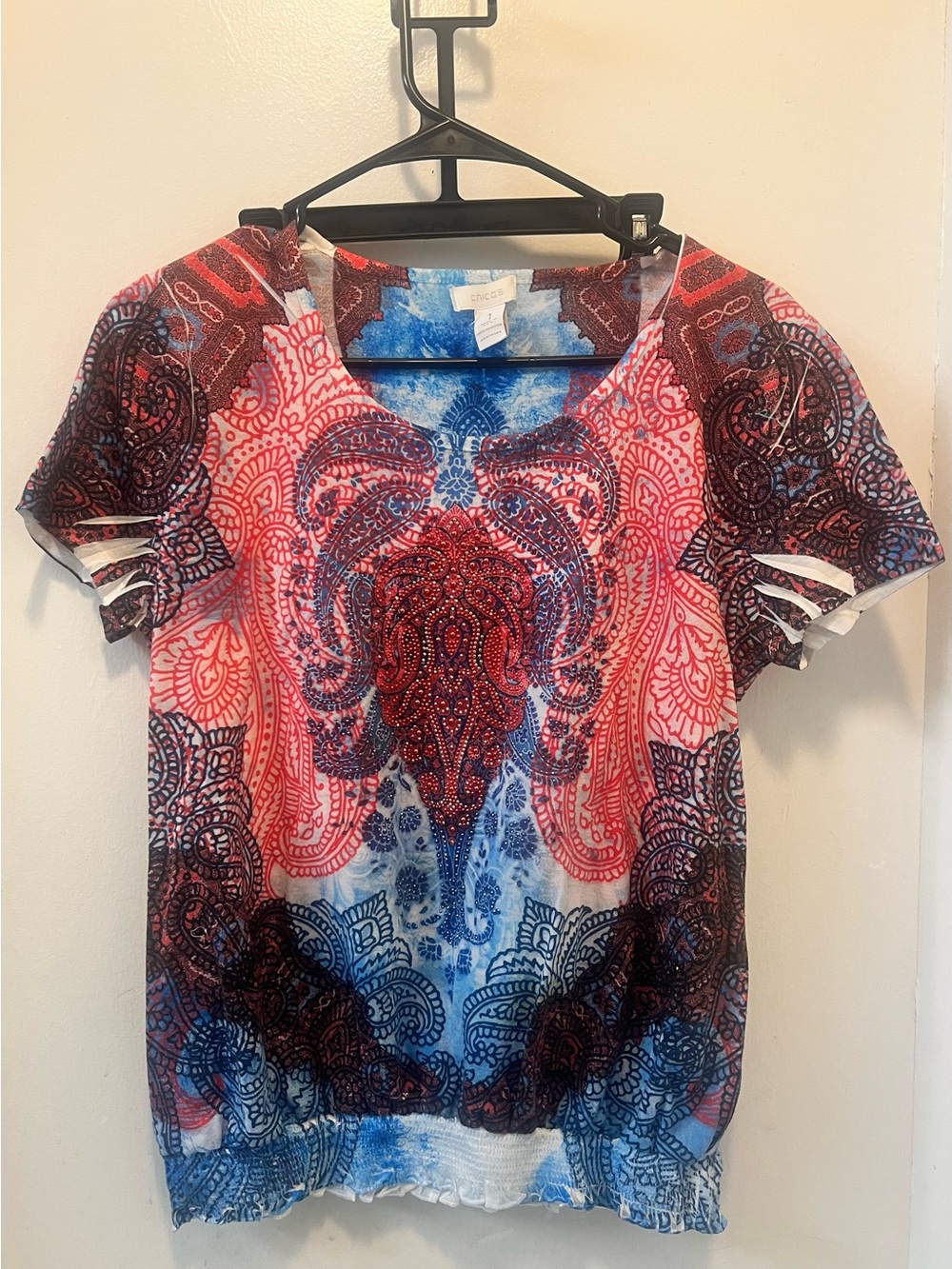 Chico's Red Blue Paisley Short-Sleeve Blouse
